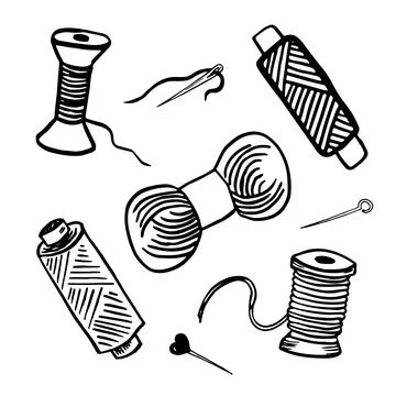 Doodle Set with sewing accessories on a white background. Spools of thread, pins Stock Illustration