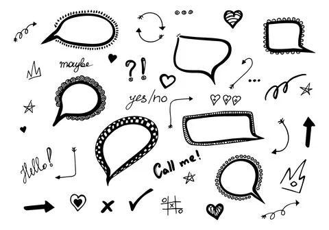 Doodle set of speech bubbles and arrows in comic hand drawn style. Stock Illustration