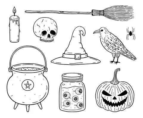 Doodle set of spooky Halloween elements Stock Illustration
