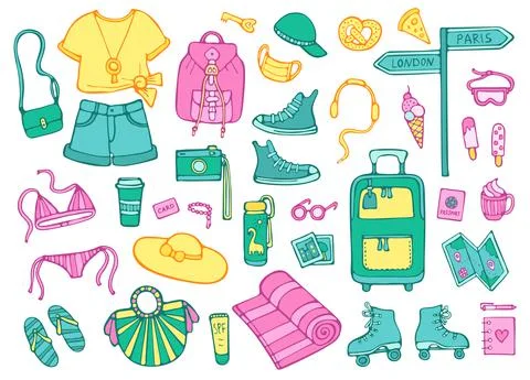 Doodle set of summer travel objects and elements Stock Illustration