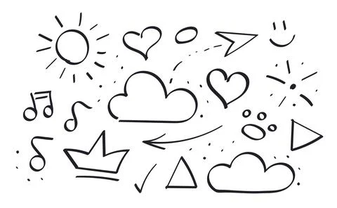 Doodle Set of symbols. Sun, clouds. Heart and crown. Arrows, footprint. Notes Illustrazione stock