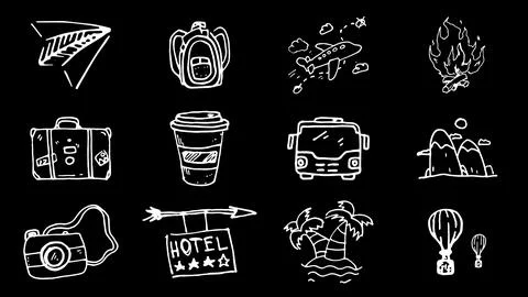 Doodle set of travel and camping icons. Signpost, air balloon, bus, forest, r Stock Illustration