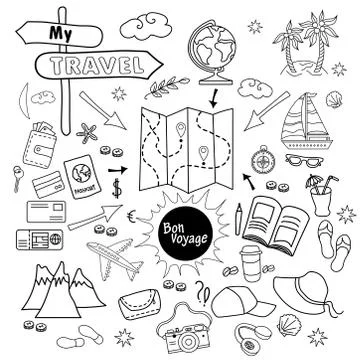 Doodle set of travel vector design. Drawings of luggage for a tour of the sea Stock Illustration
