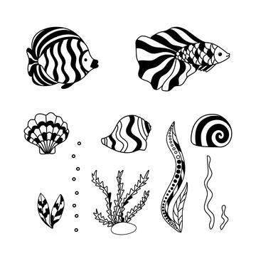 Doodle set of the underwater world with fish. Illustrazione stock