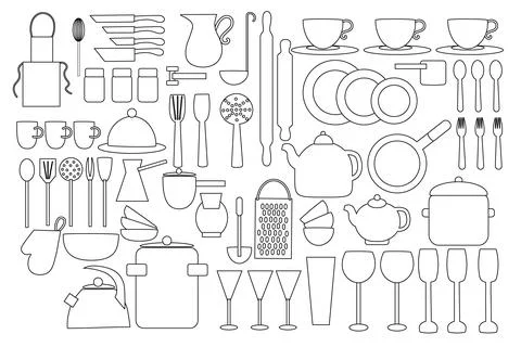 Doodle set of utensils and kitchen utensils for cooking in strokes. Flat vect Stock Illustration