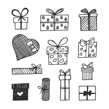 Doodle set of various Gift Boxes. Stock Illustration