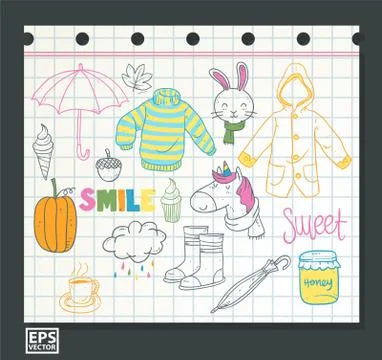 Doodle set various vector isolated on paper background Stock Illustration