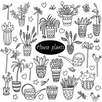 Doodle set with watering cans, decorative figure sticks, potted plants. Stock Illustration