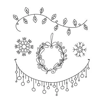 Doodle set winter decoration. Linear light bulbs, garland of lanterns, wreath Stock-Illustration