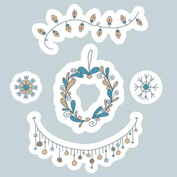 Doodle set winter decoration. Linear light bulbs, garland of lanterns, wreath Stock-Illustration