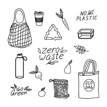 Doodle set of zero waste concept. Stock Illustration
