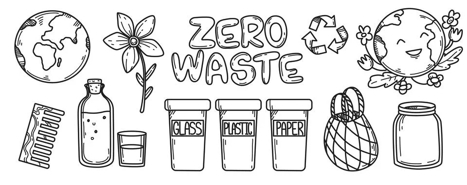 Doodle set of zero waste goods and eco objects Stock Illustration