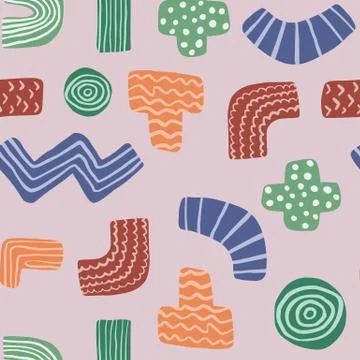 Doodle shapes vector seamless pattern on pink background. Zig zag, plus, minu Stock Illustration