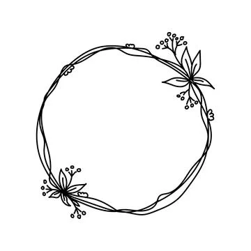 Doodle simple circle frame with elegant leaves, twig and floral element. Vector 스톡 일러스트