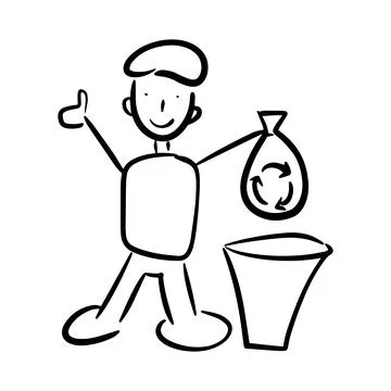 Doodle simple man with garbage and basket isolated on white background. Keep it Stock-Illustration