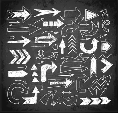 Doodle sketch arrows hand drawn with white chalks on blackboard background Stock Illustration