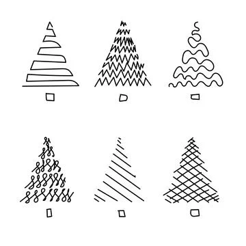 Doodle sketch Christmas tree Set, simple minimal black shape fir tree Stock Illustration