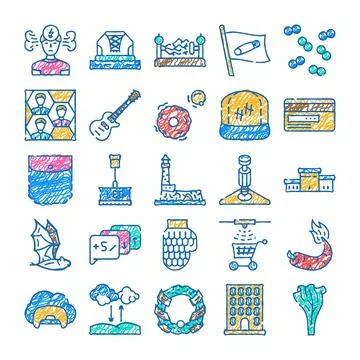 Doodle sketch collection presenting diverse hand drawn concept icons Ilustración de archivo