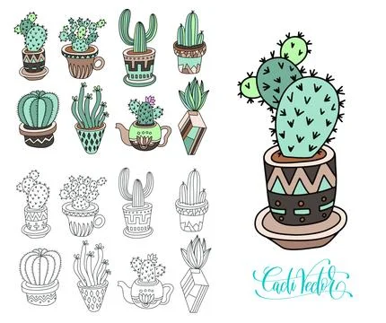 Doodle sketch drawing flat style of house plants - flowerpots with cacti, vector Stock Illustration