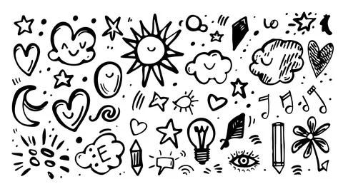 Doodle sketch element set black and white icon. Art design symbol and scrib.. 库存插图