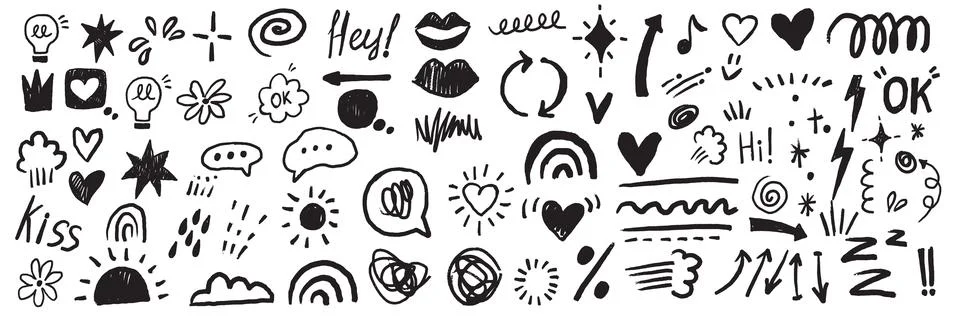 Doodle sketch element set, vector graphic hand drawn line shapes, arrow Stockillustratie