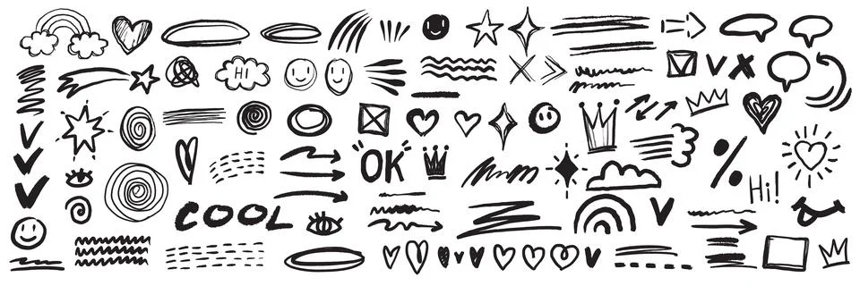 Doodle sketch element set, vector hand drawn graphic line shapes, arrow 스톡 일러스트