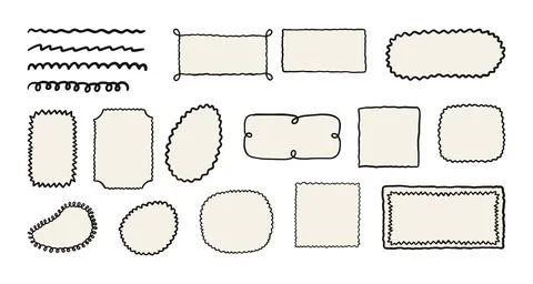Doodle Sketch Frame Set Handdrawn Scribble And Border Wavy Lines, Label Bac.. Stock Illustration