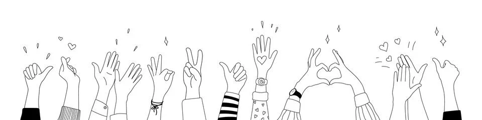 Doodle sketch hands up gestures comic icons silhouettes vector set. Illustrazione stock