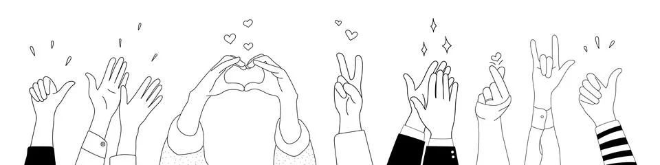 Doodle sketch hands up gestures comic icons silhouettes vector set. Illustrazione stock