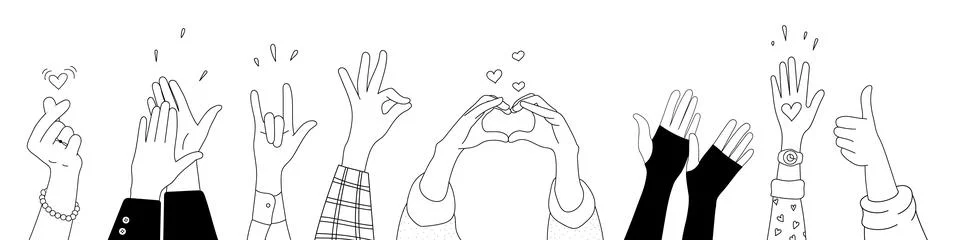 Doodle sketch hands up gestures comic icons silhouettes vector set. Illustrazione stock