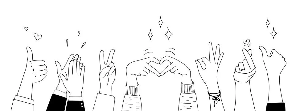 Doodle sketch hands up gestures comic icons silhouettes vector set. Ilustración de archivo