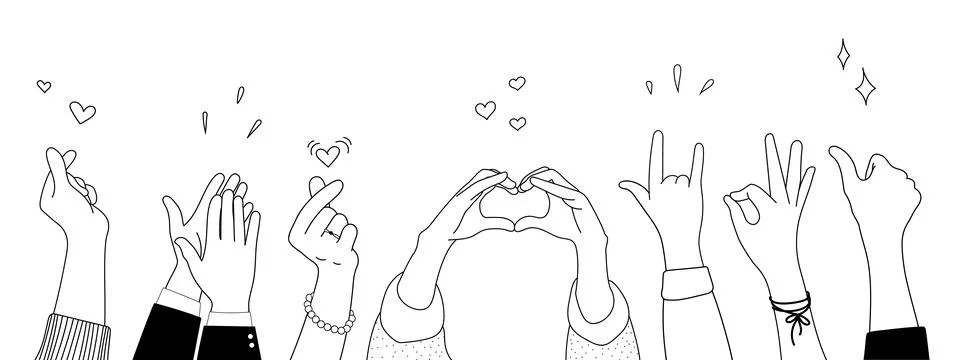Doodle sketch hands up gestures comic icons silhouettes vector set. Ilustración de archivo