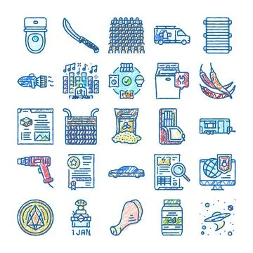 Doodle sketch icons collection exploring diverse daily objects and concepts Stock Illustration