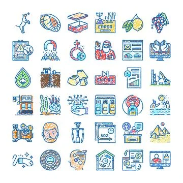 Doodle sketch icons collection exploring diverse concepts Stock Illustration