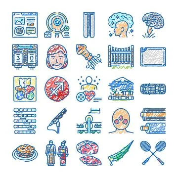Doodle sketch icons collection exploring diverse concepts Stock Illustration
