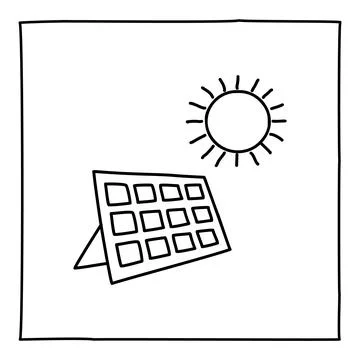 Doodle solar panel icon or logo, hand drawn with thin black line. Stock Illustration