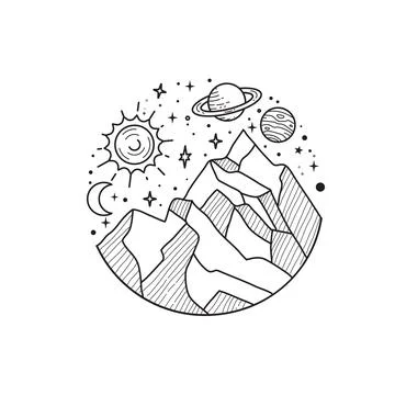 Doodle solar system and mountain Hand drawn sketch Stock Illustration