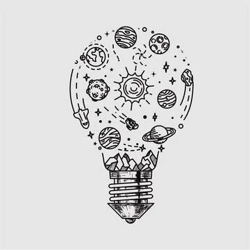 Doodle solar system in bulb light Hand drawn sketch Stock Illustration