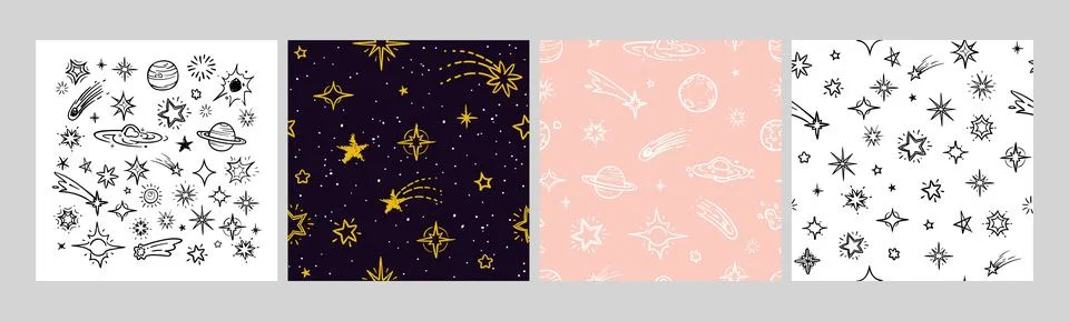 Doodle space elements. Star and planets pattern set. Universe seamless texture Stock Illustration