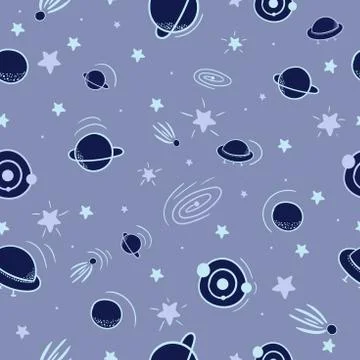 Doodle space seamless pattern. Cosmic background with planets, stars, comets Stock Illustration