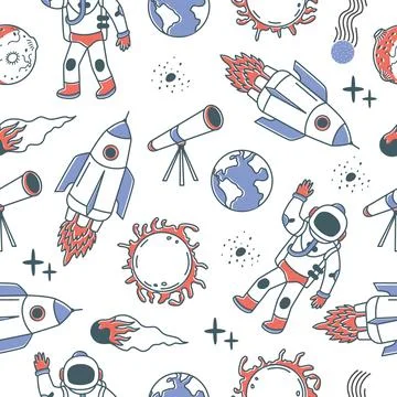 Doodle space seamless pattern. Decorative universe children fabric print Stock Illustration
