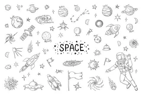 Doodle space. Trendy universe pattern, star astronaut meteor rocket comet Stock Illustration