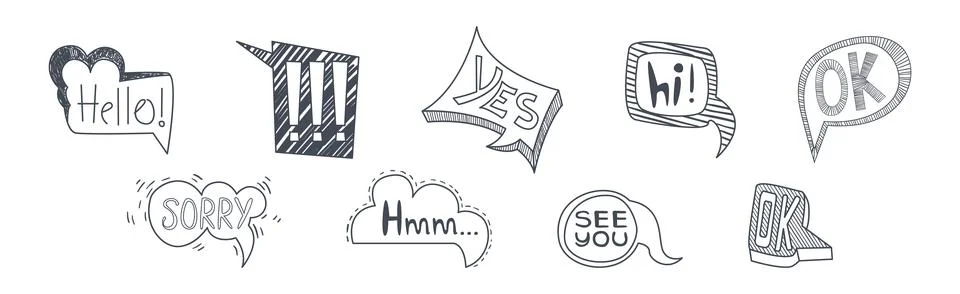 Doodle Speech Bubbles Drawn by Hand Vector Set Stock Illustration