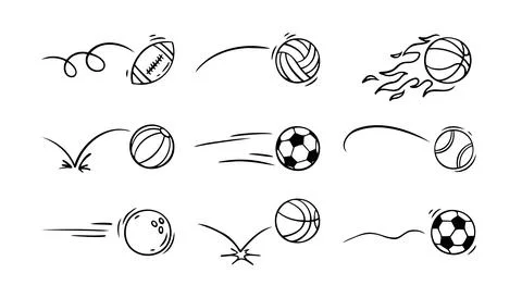 Doodle sport ball trajectory bounce collection. Line hand drawn balls set Stock Illustration