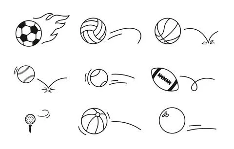 Doodle sport ball trajectory bounce, line hand drawn balls set Stock Illustration