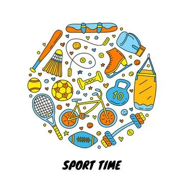 Doodle sport items in circle. イラスト素材