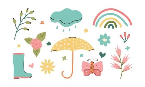Doodle Spring elements for stickers or decoration of cards and posters. Hand  Stock Illustration