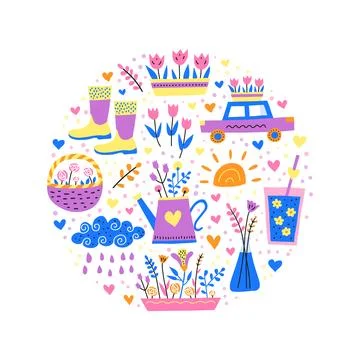 Doodle spring icons in circle. Stock-Illustration