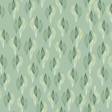 Doodle spring seamless pattern with outline leaves on pastel green background Stock Illustration