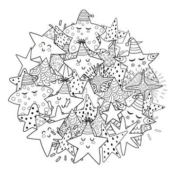 Doodle stars circle shape pattern for coloring book. Black and white print Stock Illustration